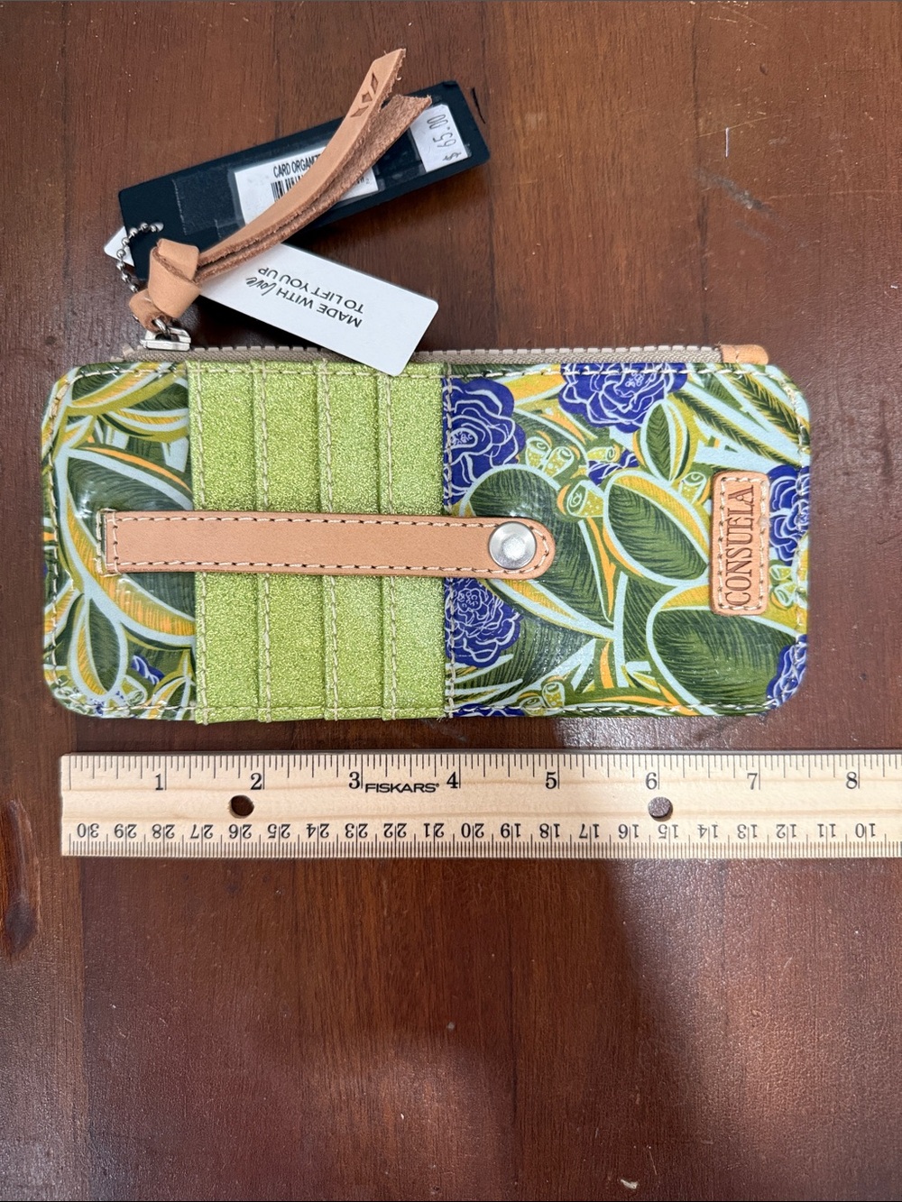 Consuela Green Floral Card Wallet with Blue Accents and Tan Strap